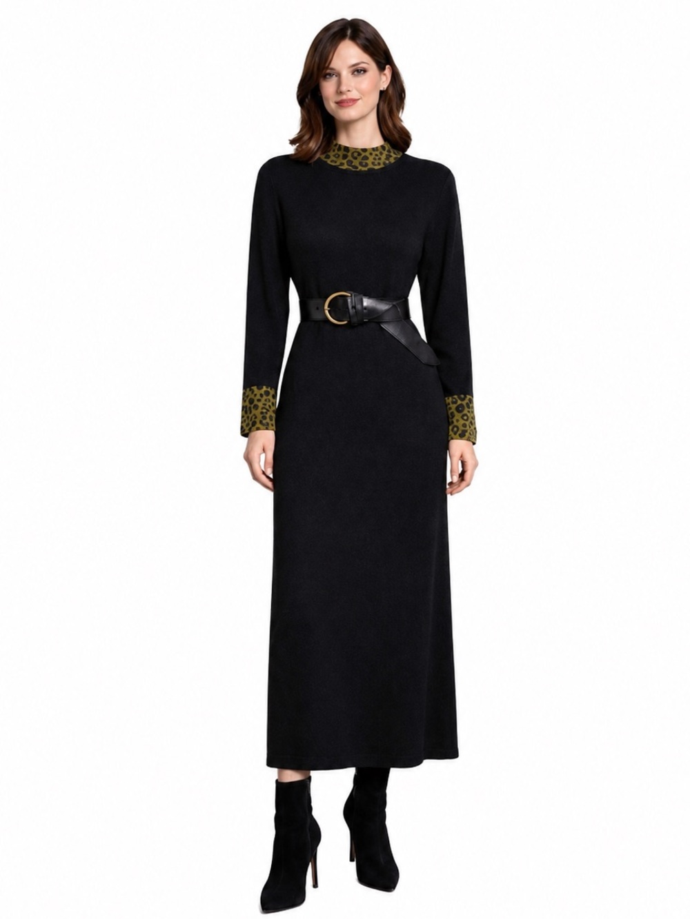 Lennie By Nina Leonard Black With Green Animal Print Long Sleeve Maxi Dress